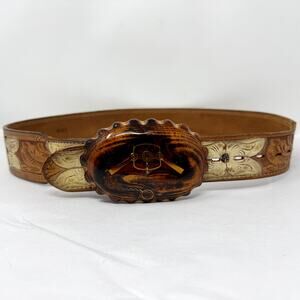 Vintage Justin Full Grain Leather Floral Belt w Resin Buckle Size 30